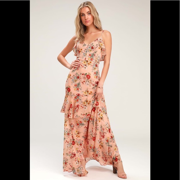 BLUSH PINK FLORAL PRINT RUFFLED HIGHLOW MAXI DRESS - Picture 3 of 4